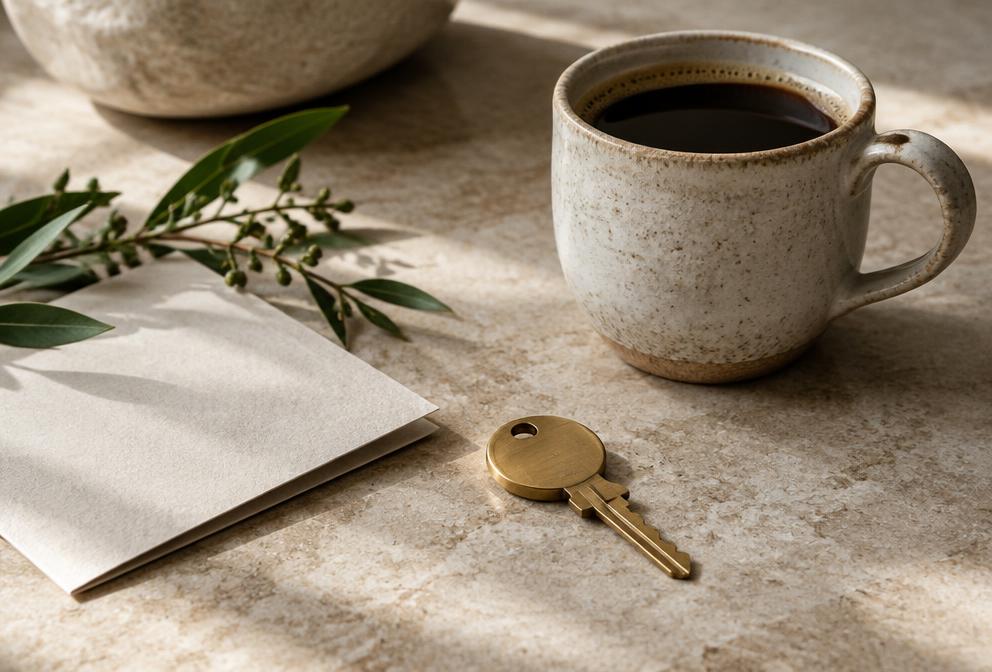 Apartment key and morning coffee